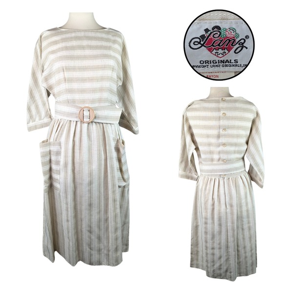 Lanz Dress Womens Beige Striped Linen Blend ‎ Belted 80s Preppy Boho Size 11/12 - Picture 1 of 12